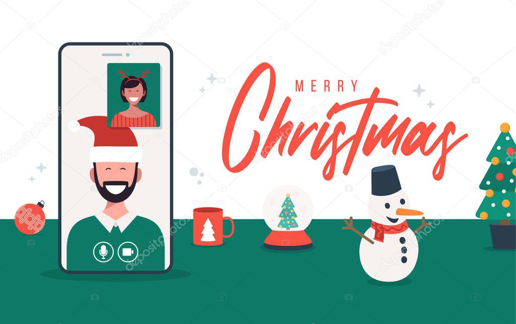 Online Christmas celebration illustration on phone. Merry Christmas party new normal concept with conference. A group of people in winter suits meet online via video conference.