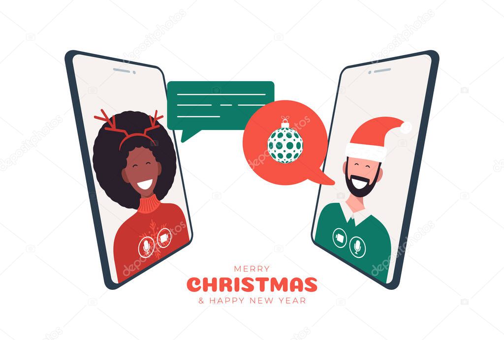 Online Christmas celebration illustration on phone. Merry Christmas party new normal concept with conference. A group of people in winter suits meet online via video conference.