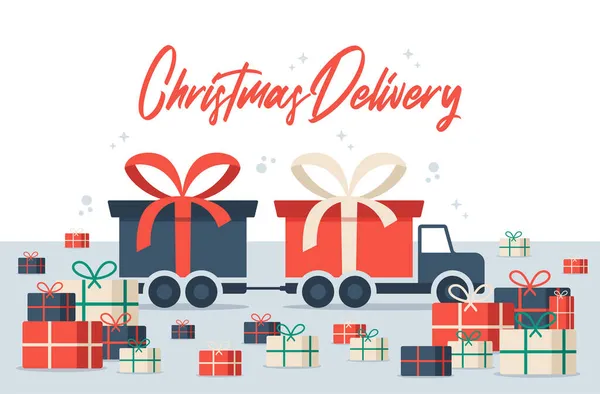 Entrega Natal Caminhão Longo Com Caixa Presente Ilustração Vetorial Transporte — Vetor de Stock