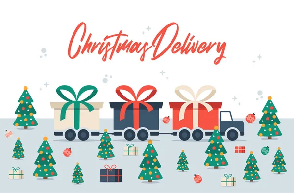 Entrega Natal Caminhão Longo Com Caixa Presente Ilustração Vetorial Transporte — Vetor de Stock