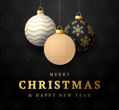 Sağlıklı bir Noel ve mutlu yeni yıl koronavirüs topu pankartı. Yaratıcı konsept Noel etkinlikleri ve tatiller çapraz tıbbi alçı taşıyıcı illüstrasyonlu bir salgın sırasında. Covid-19 önleme