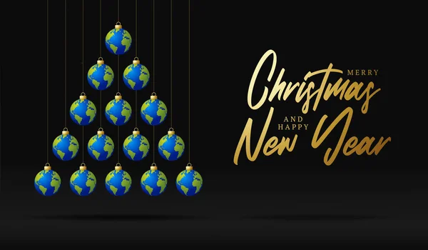 Dünya Gezegeni Noel Yeni Yıl Tebrik Kartı Mücevheri Ağacı Dünya — Stok Vektör