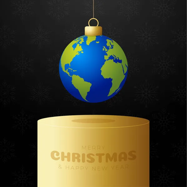 Planet Erde Weihnachtskugelkarte Frohe Weihnachten Welt Grußkarte Hängen Sie Einem — Stockvektor