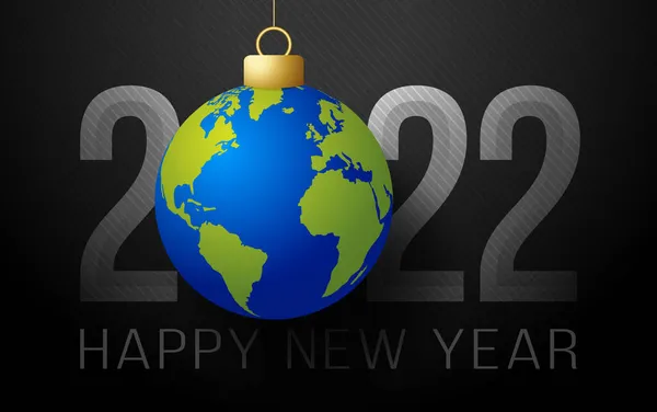 2022年新年明けましておめでとうございます 豪華な背景に地球バブルボールで惑星の世界の挨拶カード ベクターイラスト — ストックベクタ