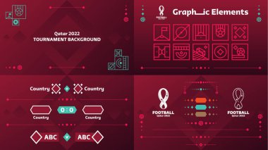 Katar 2022 Futbol veya Futbol Şampiyonası tasarım elemanları vektörü. Katar 2022 resmi renk arkaplanı ve logosu. Vektörler, Afişler, Posterler, Sosyal Medya kiti, şablonlar, skorborda dünya kupası