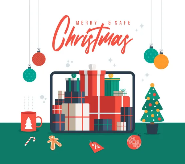 Compras Línea Navidad Ilustración Plana Del Vector Historieta Con Pantalla — Vector de stock