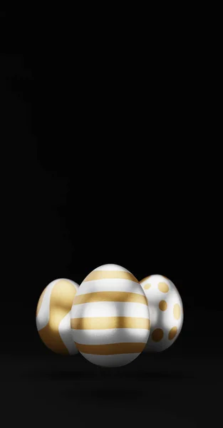 Падающие Роскошные Белые Золотые Трехмерные Яйца Рисунком Черном Фоне Рендеринг — стоковое фото