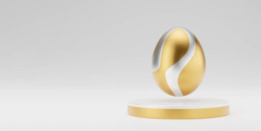 Altın Paskalya yumurtası 3D podyumda. Mutlu Paskalyalar konsepti. Heykel ve yumurtayla en küçük sahne.