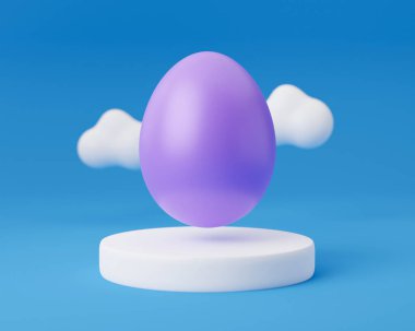 Kürsüde menekşe Paskalya yumurtası. Mavi arkaplanda bulutlu bir resim. Mutlu Paskalyalar konsepti. Heykel ve yumurtayla en küçük sahne.