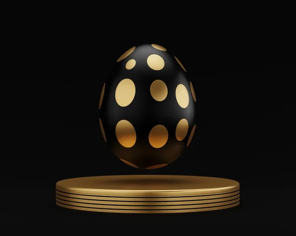 Χρυσό Αυγό Πάσχα Στο Βάθρο Καθιστούν Εικόνα Μαύρο Φόντο Χαρούμενο — Φωτογραφία Αρχείου