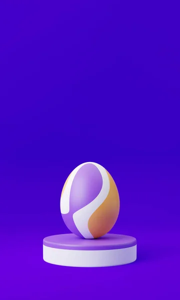 三维讲台上彩色复活节彩蛋在紫色背景上渲染插图 复活节快乐的概念 最小场景与基座和蛋 — 图库照片