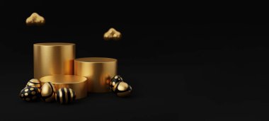 Altın Paskalya yumurtası, boş podyum 3D resimli siyah arkaplan. Mutlu Paskalyalar konsepti. Heykel ve yumurtayla en küçük sahne.