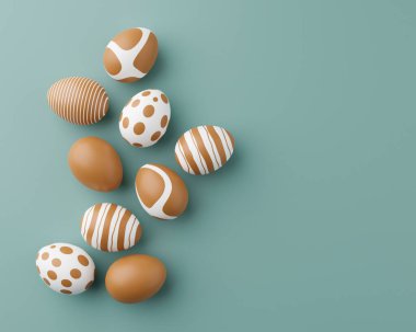 Yeşil arka planda altın desenli altın paskalya yumurtaları. 3 boyutlu resimleme. Paskalya kompozisyonu. Yeşil renkte altın yumurtalar.