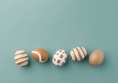 Yeşil arka planda altın desenli altın paskalya yumurtaları. 3 boyutlu resimleme. Paskalya kompozisyonu. Yeşil renkte altın yumurtalar.