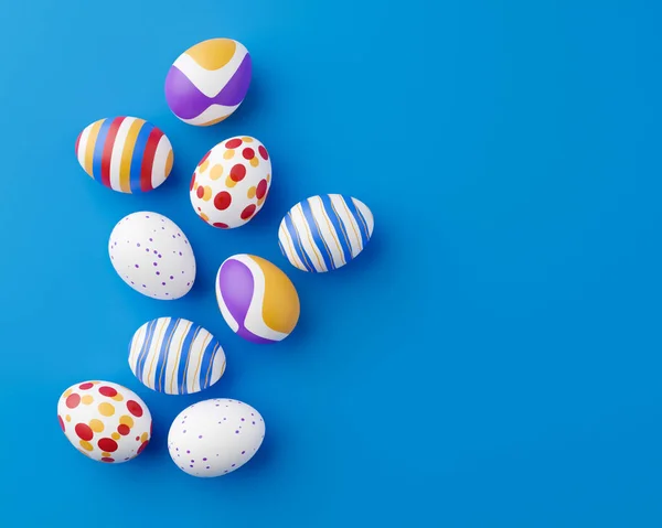 Stelletje Kleurrijke Eieren Een Blauwe Paasachtergrond Rendering Stapel Van Geboorte — Stockfoto