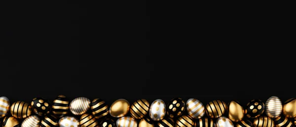 黒の背景に金と白のイースターエッグバナーの3Dレンダリング 最小イースターコンセプト3Dレンダリングフレーム — ストック写真