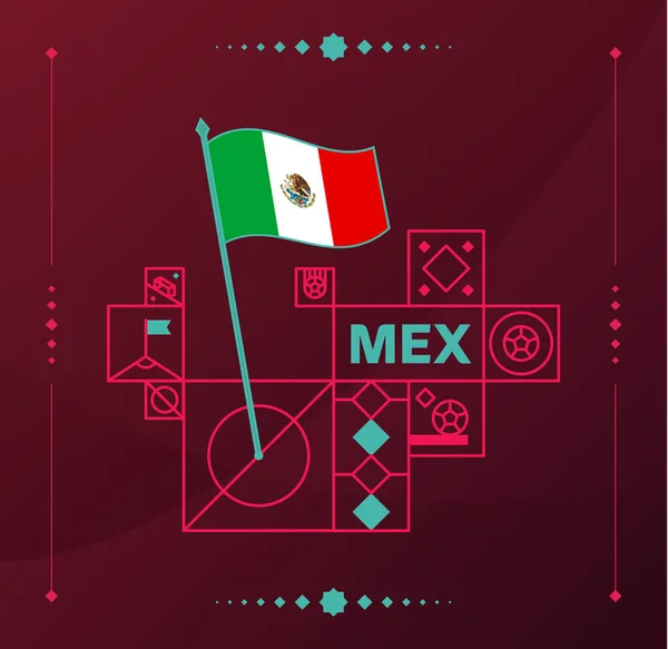 Векторный Векторный Флаг Мексики 2022 Года Прикреплен Футбольному Полю Элементами — стоковый вектор