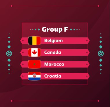 Dünya futbolu 2022 Dünya Kupası 'na katılan ülkelerin F Grubu bayrakları. Vektör illüstrasyonu