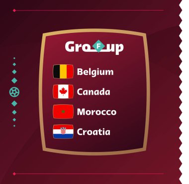 Dünya futbolu 2022 Dünya Kupası 'na katılan ülkelerin F Grubu bayrakları. Vektör illüstrasyonu