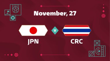 Japonya, Costa Rica maçına karşı. Futbol 2022 dünya şampiyonluğu maçı futbol sahasındaki takımlara karşı. Spor hayatına giriş, şampiyonluk yarışması final posteri, düz stil illüstrasyon.