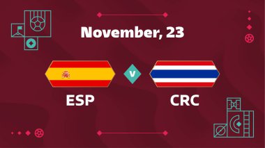 İspanya, Costa Rica maçına karşı. Futbol 2022 dünya şampiyonluğu maçı futbol sahasındaki takımlara karşı. Spor hayatına giriş, şampiyonluk yarışması final posteri, düz stil illüstrasyon.