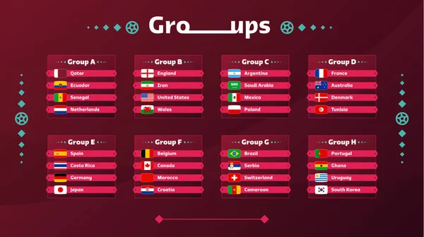 世界サッカー2022グループと旗が設定されます 2022年世界選手権大会への出場国の旗 ベクターイラスト — ストックベクタ