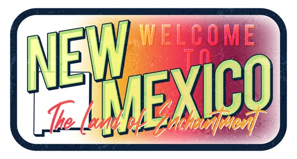 New Mexico klasik paslı metal işaret çizimine hoş geldiniz. Tipografi el yazısı harfleri çizilmiş grunge biçimli vektör durumu haritası.
