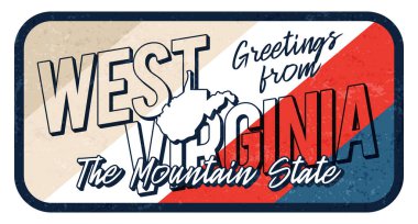 Greeting from west virginia vintage rusty metal sign vector illustration. Vector state map in grunge style with Typography hand drawn lettering