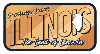 Illinois vintage metal işaretli vektör illüstrasyonundan selamlar. Tipografi el yazısı harfleriyle grunge tarzı vektör durum haritası. Vektör illüstrasyonu