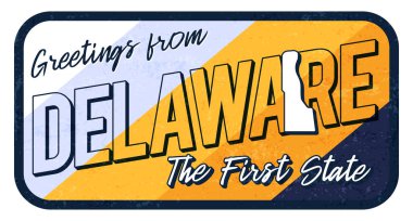 Delaware 'den gelen paslı metal tabela illüstrasyonundan selamlar. Tipografi el yazısı harfleri çizilmiş grunge biçimli vektör durumu haritası