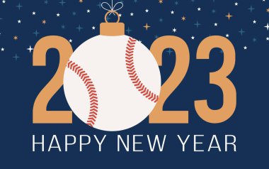 Baseball 2023 Happy New Year. Sports greeting card with baseball ball on the flat background. Vector illustration.