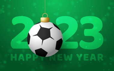 2023 football Happy New Year. Sports greeting card with golden soccer and football ball on the luxury background. Vector illustration.