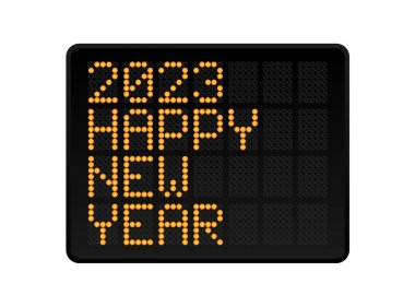 Happy new year 2023 vector illustration. Led digital alphabet Style Text with Glowing Dots. Abstract concept graphic element