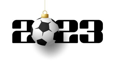 2023 football Happy New Year. Sports greeting card with golden soccer and football ball on the luxury background. Vector illustration.