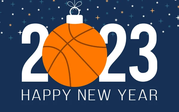 Basketball 2023 Happy New Year Sports Greeting Card Basketball Ball — Vettoriale Stock