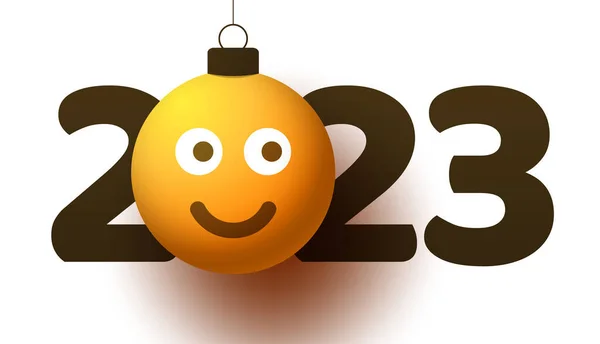 Greeting Card 2023 New Year Smiling Emoji Face Hangs Thread — Stock Vector