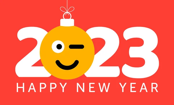 Greeting Card 2023 New Year Smiling Emoji Face Hangs Thread — Stockvector