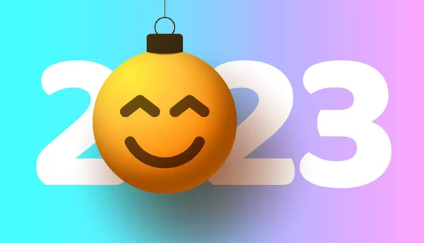 Greeting Card 2023 New Year Smiling Emoji Face Hangs Thread — 图库矢量图片