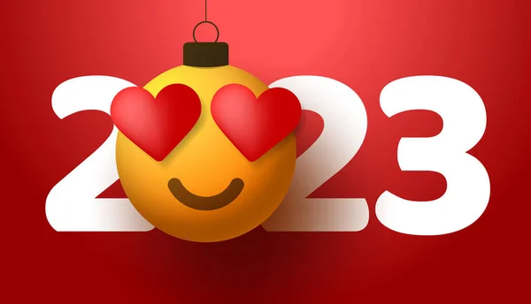 happy new year 2023 with heart smile emotion. Vector illustration in flat style with number 2023 and love heart emotion in christmas ball hang on thread.