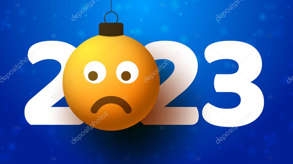 Greeting card for 2023 new year with sad emoji face that hangs on thread like a christmas toy, ball or bauble. New year emotion concept vector illustration