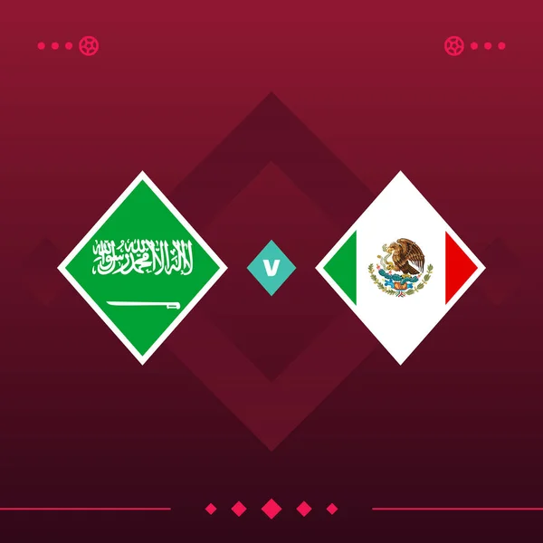 saudi arabia, mexico world football 2022 match versus on red background. vector illustration.