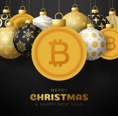Mutlu Noeller altın bitcoin sembolü afişi. Bitcoin işareti, noel hediyesi olarak takılan balo tebrik kartı. Xmas için vektör imajı, finans, yeni yıl günü, bankacılık, para.