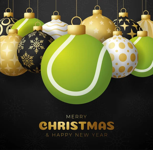Merry Christmas and Happy New Year luxury Sports greeting card. tennis ball as a Christmas ball on black background. Vector illustration..