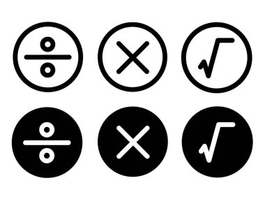 Set of plus minus multiply devide root mathematics symbol Modern style icons are located on white and black backgrounds. The pack has six icons..
