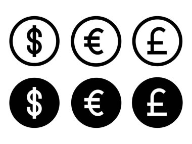 The currency dollar euro pounds in modern style icons are located on white and black backgrounds. The pack has six icons..