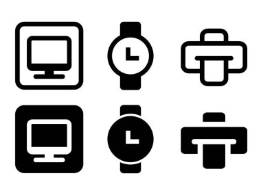Printer and computer icon and clock icon flat design in modern style icons are located on white and black backgrounds. The pack has six icons..