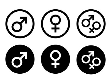 Gender symbol. Female and male icon in modern style icons are located on white and black backgrounds. The pack has six icons.