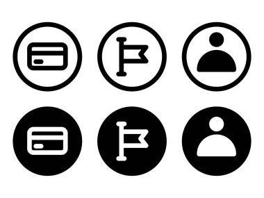 Card, flag and human icon in modern style icons are located on white and black backgrounds. The pack has six icons..
