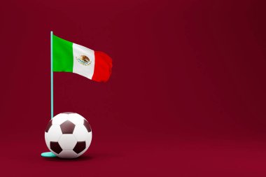 Mexico Flag with Ball. Football 2022 Minimal 3D Render Illustration.