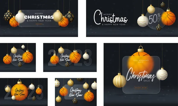 Basketball Christmas Sale Banner Greeting Card Set Merry Christmas Happy — Stockvektor